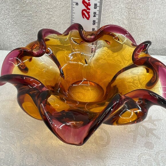 Murano-Style Hand-Blown Glass Amber & Purple Art Ashtray Bowl - Picture 6 of 6